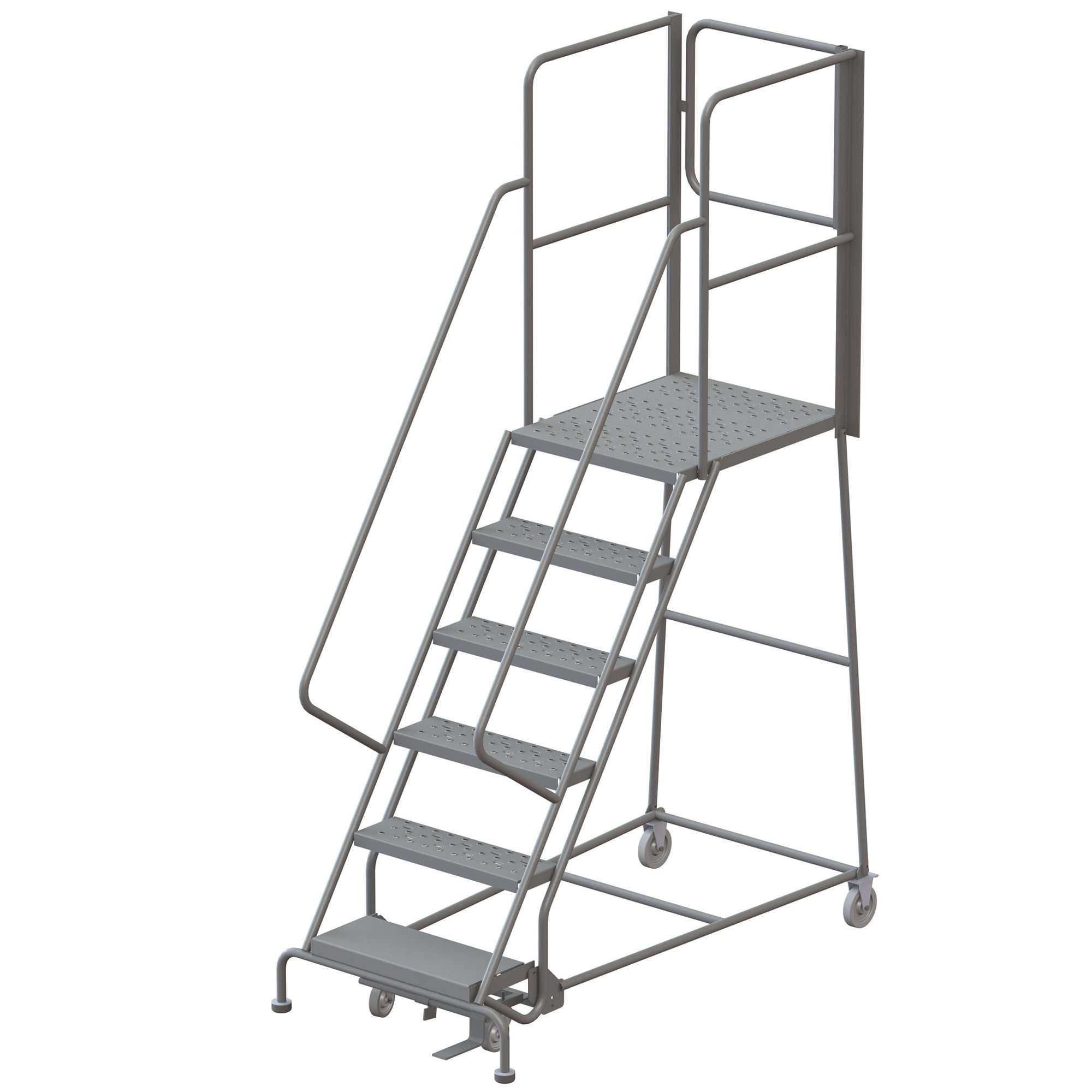 Tri-Arc Steel Rolling Ladder with Perforated Steps and Rear Exit Gate — Gray, 450-Lb. Capacity